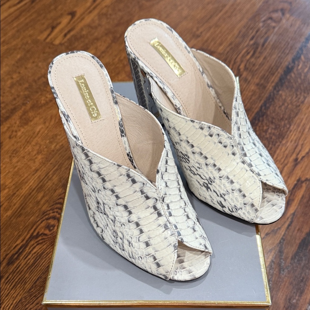 Louise et Cie Snakeskin Cream and Gray Mules